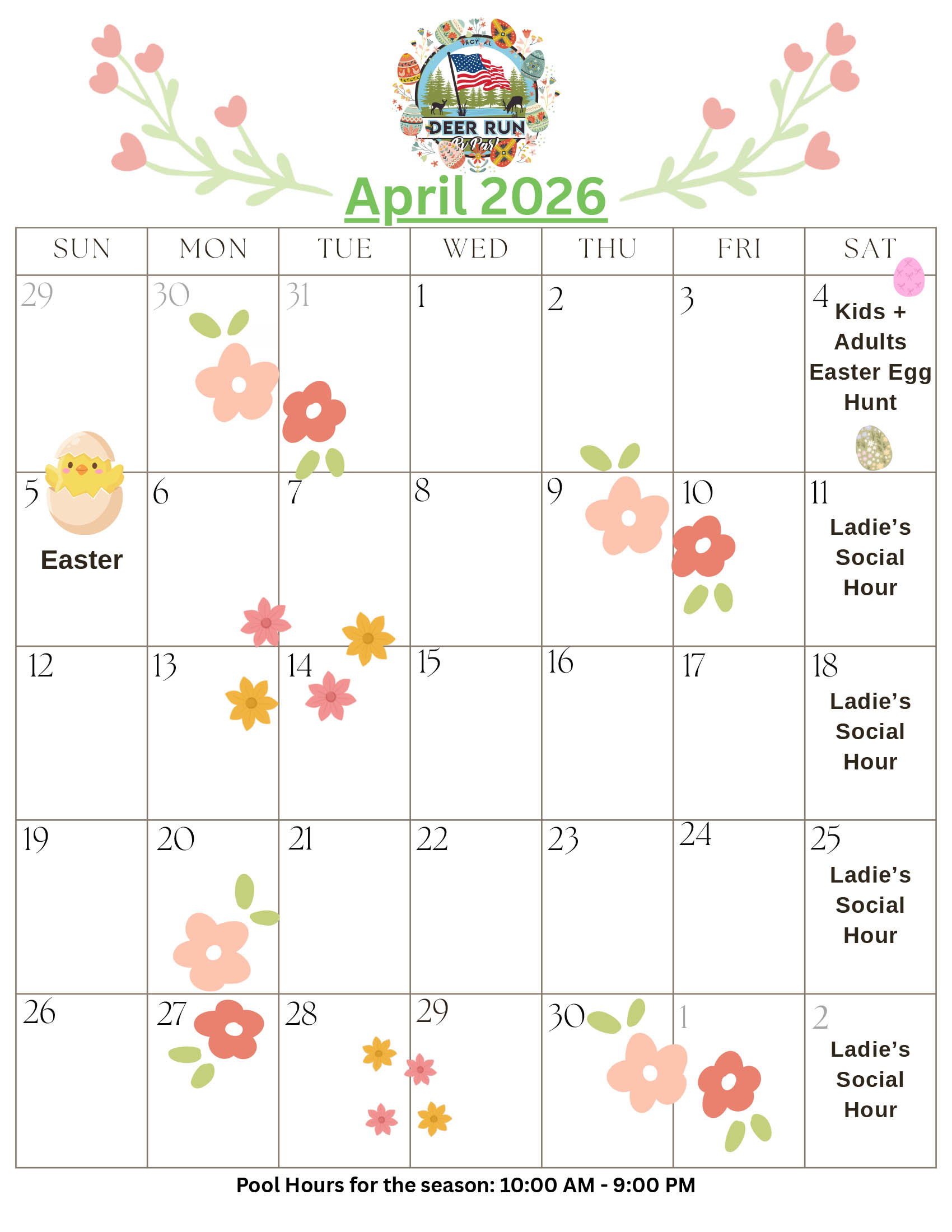 Activity schedule for April 2026 - Deer Run RV Park