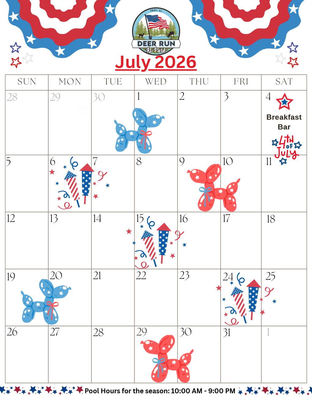 July 2026 Events Calendar | Deer Run RV Park July 2026 Deer Run RV Park events calendar featuring the Breakfast Bar on July 4 and pool hours from 10:00 AM to 9:00 PM