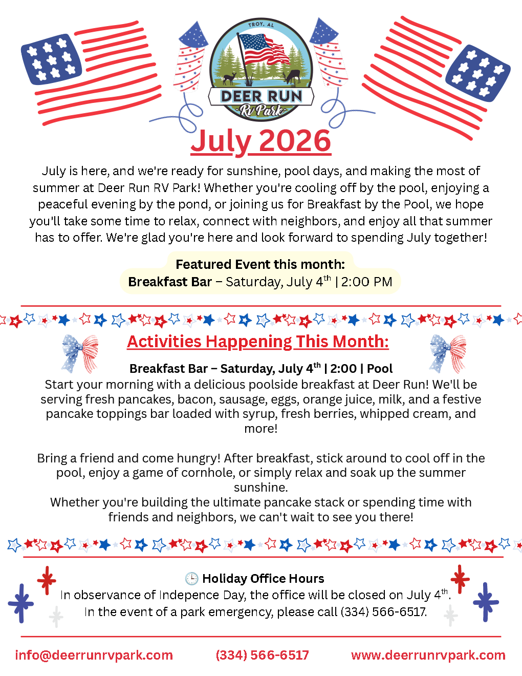 July 2026 Newsletter | Deer Run RV Park July 2026 Deer Run RV Park Newsletter featuring Breakfast Bar event and campground activities