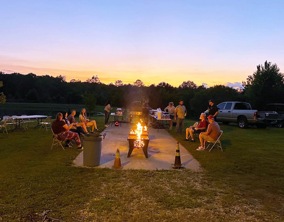Families enjoying a Memorial Day campfire gathering at Deer Run RV Park in Troy, Alabama