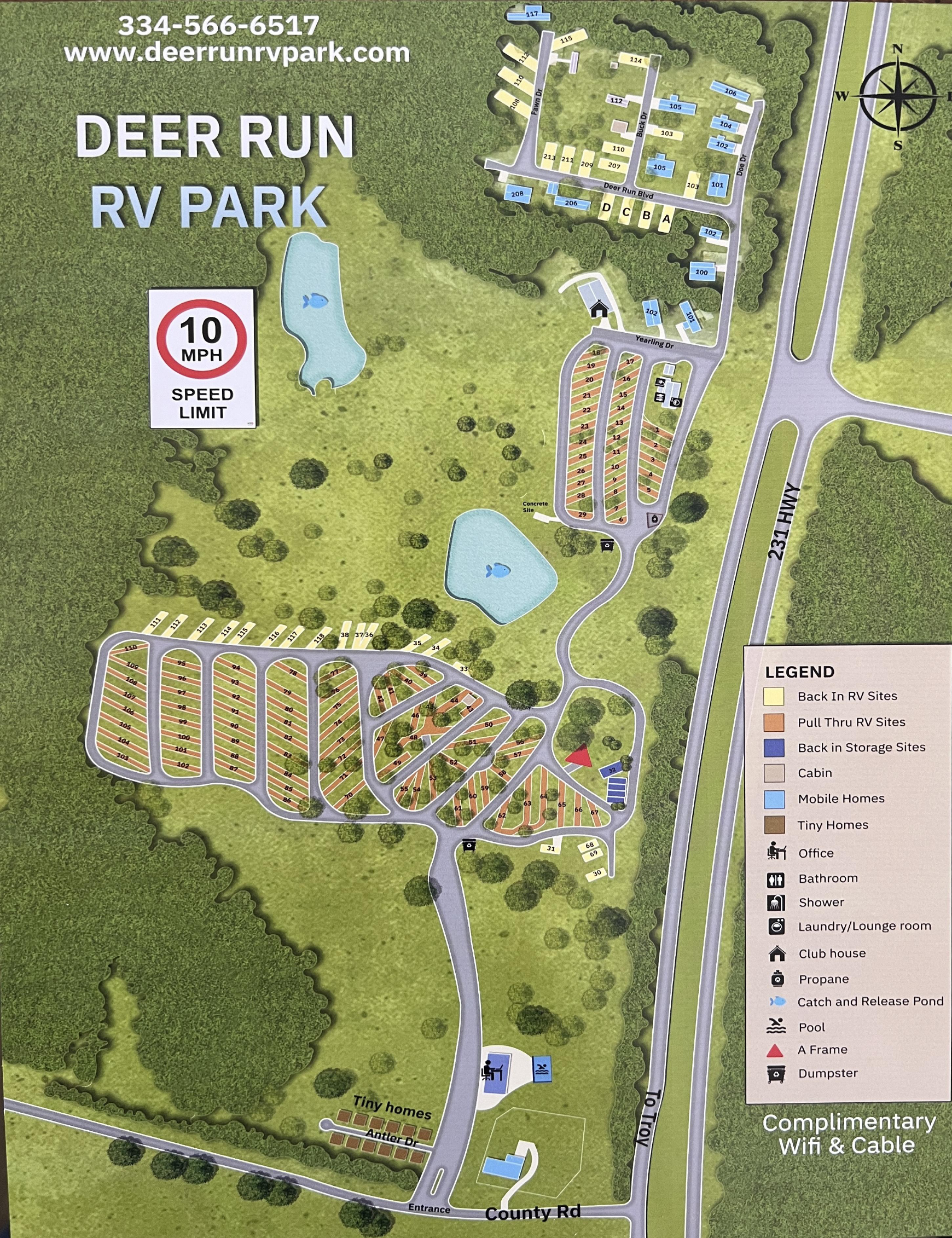 Deer Run RV Park map showing RV sites, Tiny Homes, cottages and amenities in Troy, Alabama